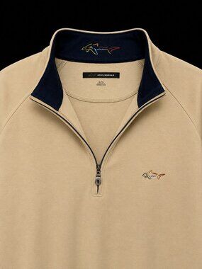 Greg Norman Collection Men's XL Beige 1/4 Zip Pullover Golf Sweater Shark Logo P